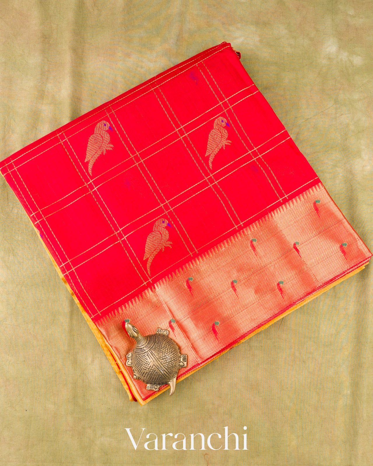 Vermilion Red Checks Pure Kanchipuram Silk Cotton Handloom Saree