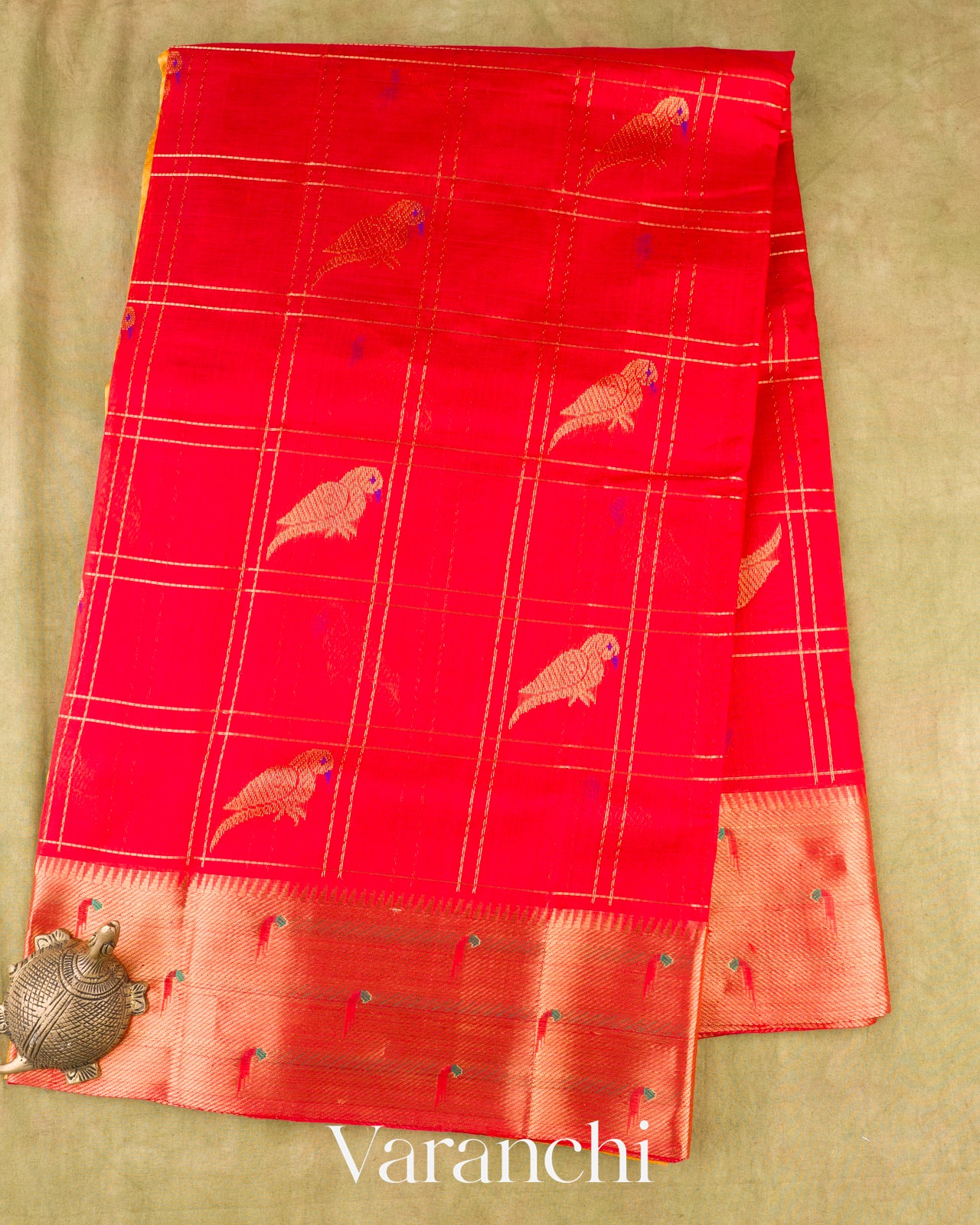 Vermilion Red Checks Pure Kanchipuram Silk Cotton Handloom Saree