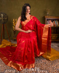 Vermilion Red Checks Pure Kanchipuram Silk Cotton Handloom Saree