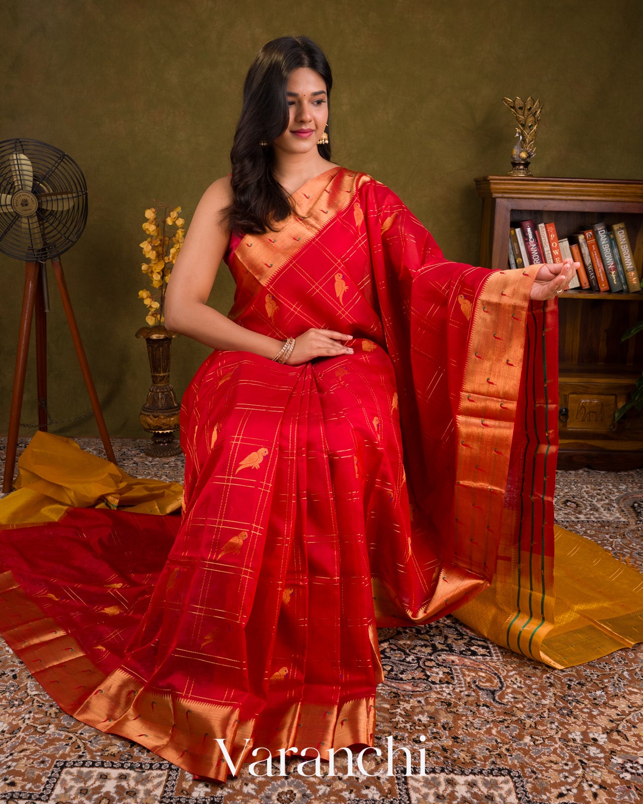 Vermilion Red Checks Pure Kanchipuram Silk Cotton Handloom Saree