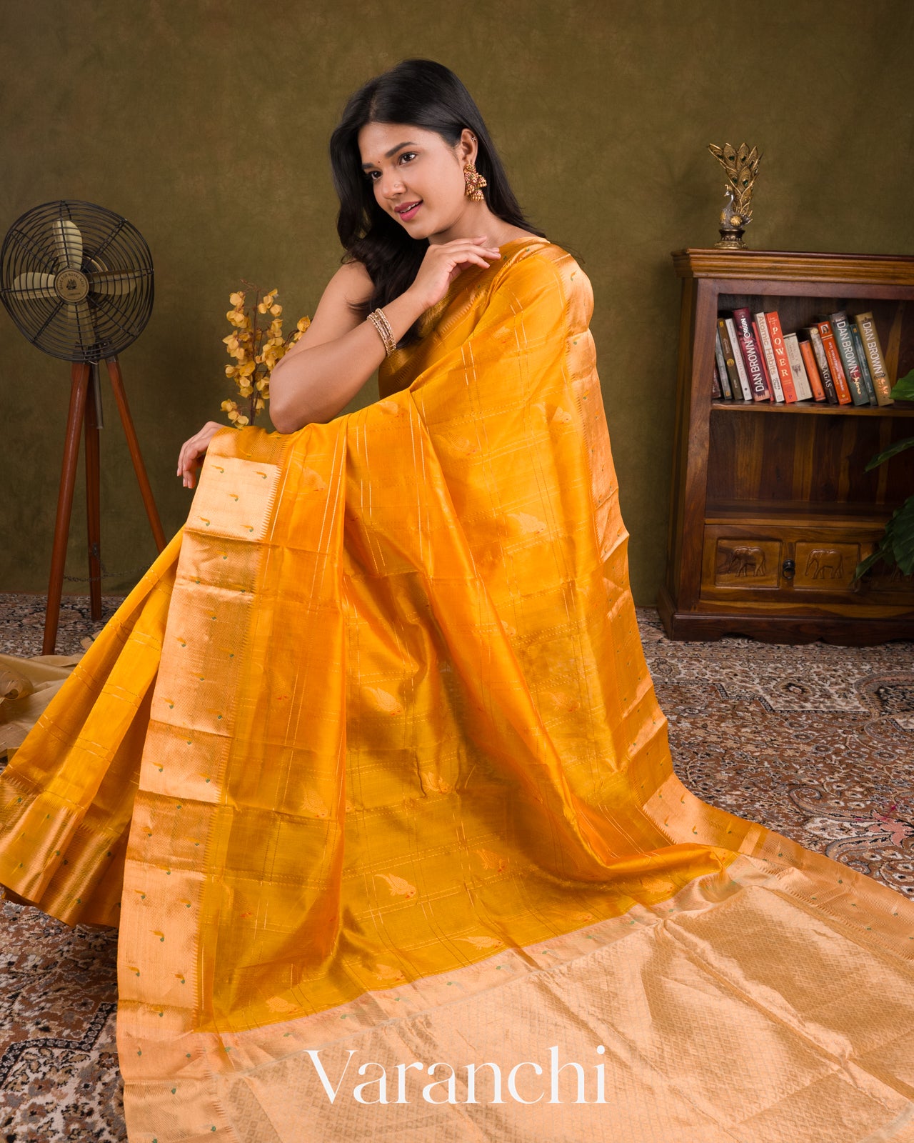 Turmeric Gold Checks Pure Kanchipuram Silk Cotton Handloom Saree