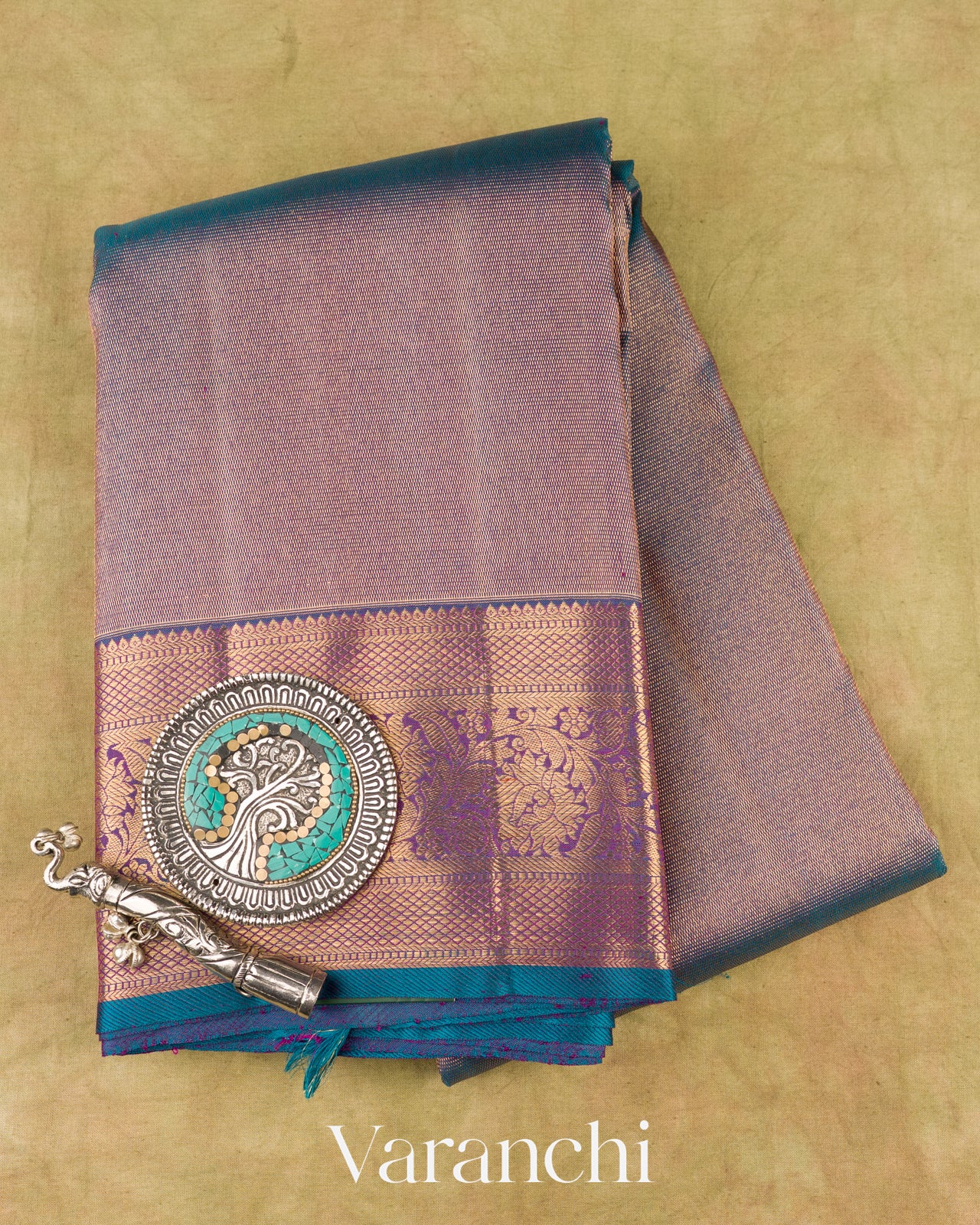 Shimmery Blue Vaira Oosi Pure Kanchipuram Silk Handloom Saree