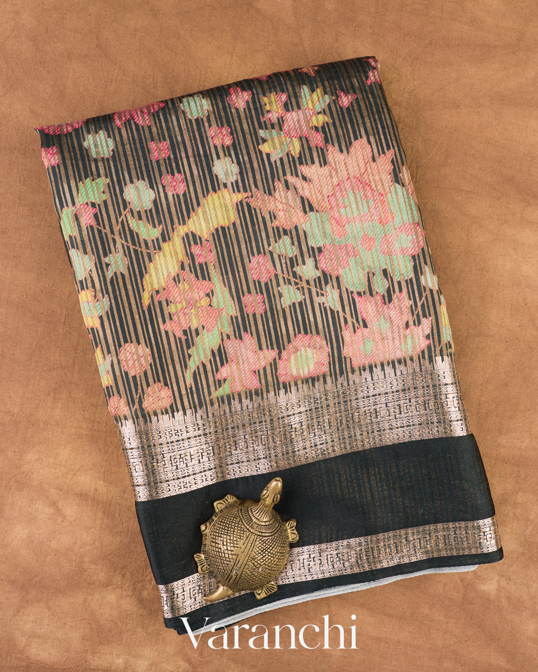 Charcoal Black Digital Printed Tissue Striped Pure Katan Silk Saree