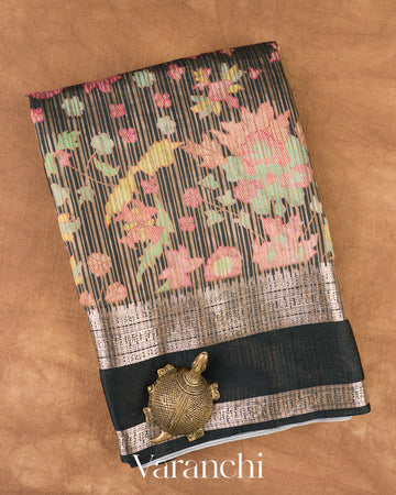 Charcoal Black Digital Printed Tissue Striped Pure Katan Silk Saree
