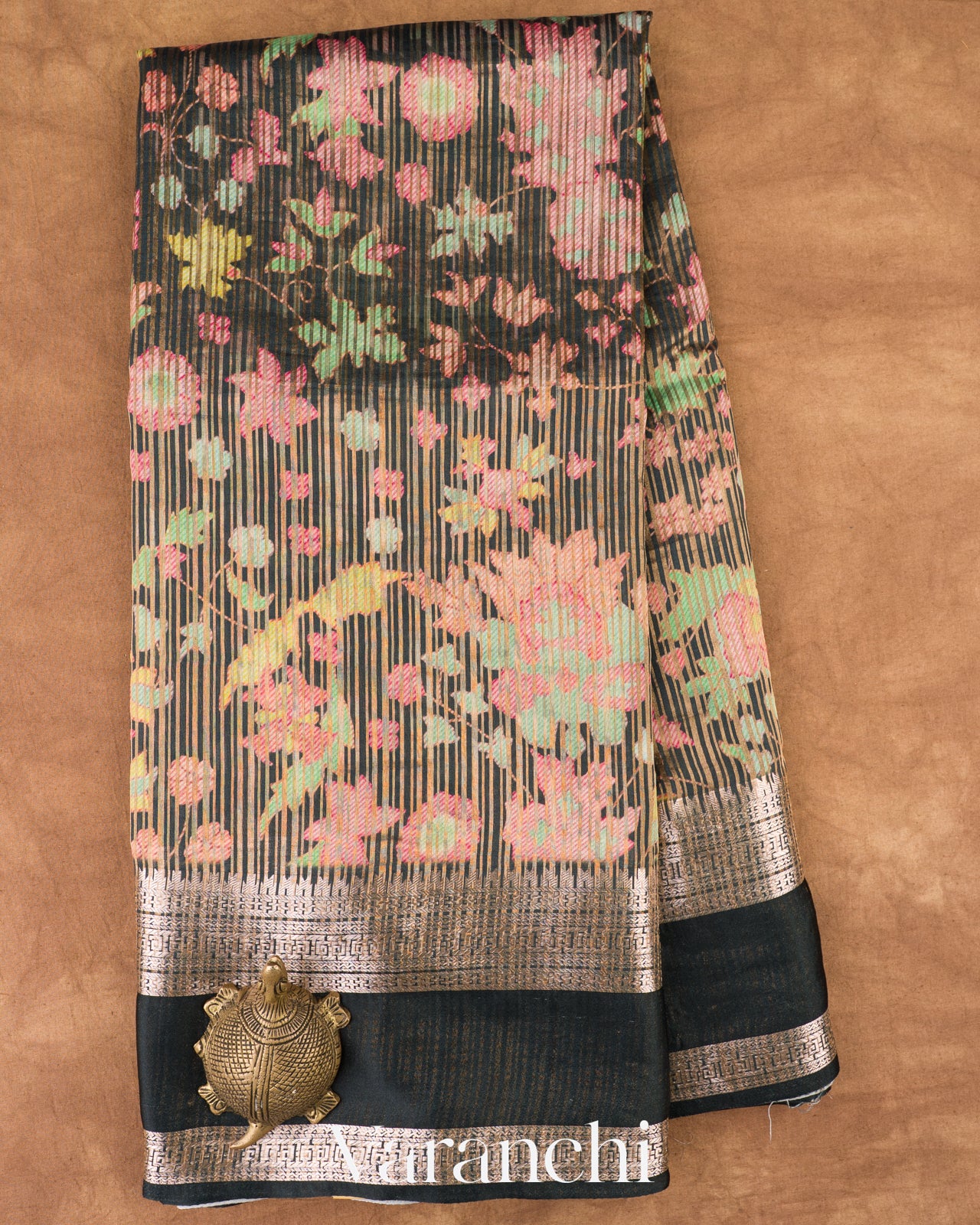 Charcoal Black Digital Printed Tissue Striped Pure Katan Silk Saree