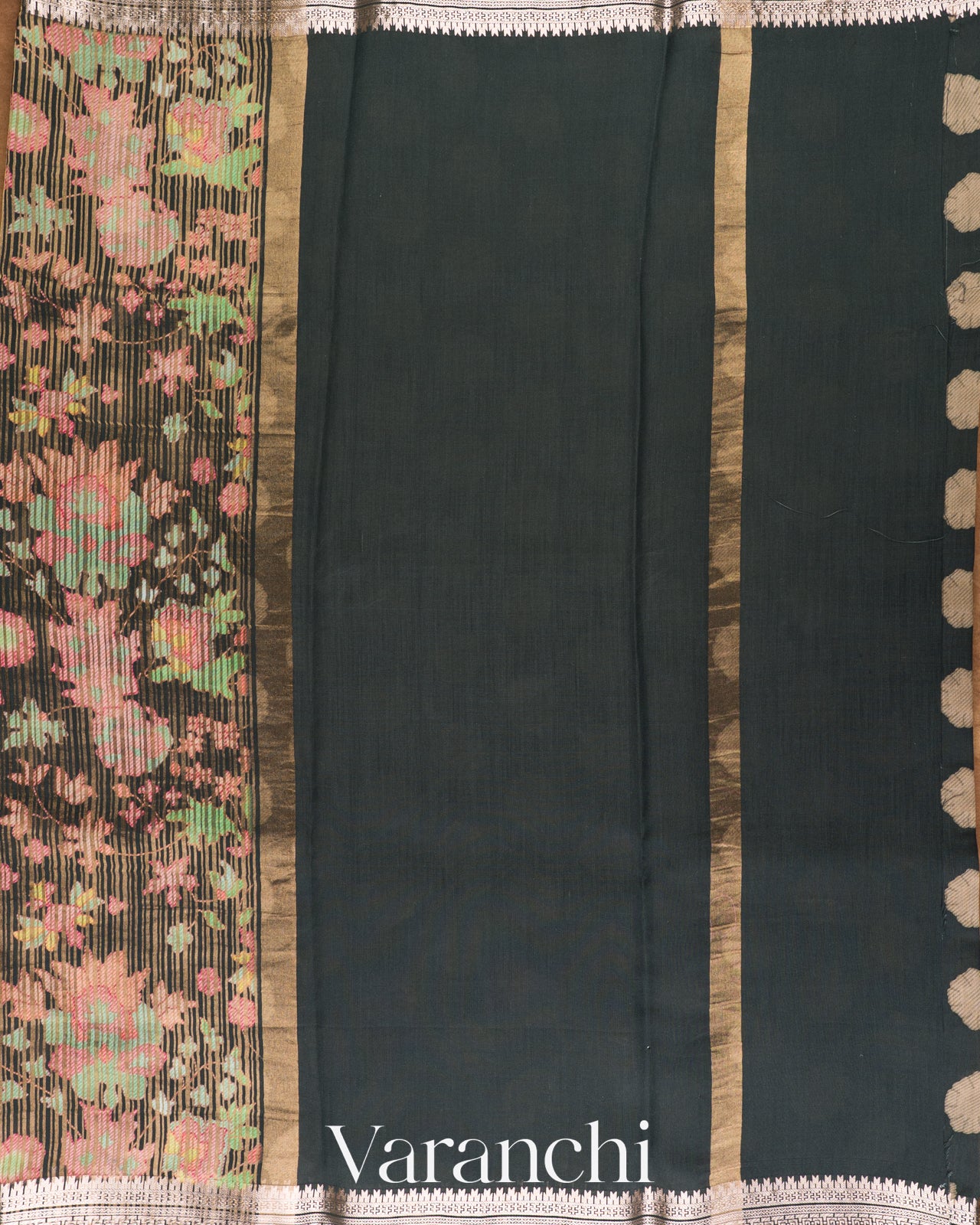 Charcoal Black Digital Printed Tissue Striped Pure Katan Silk Saree