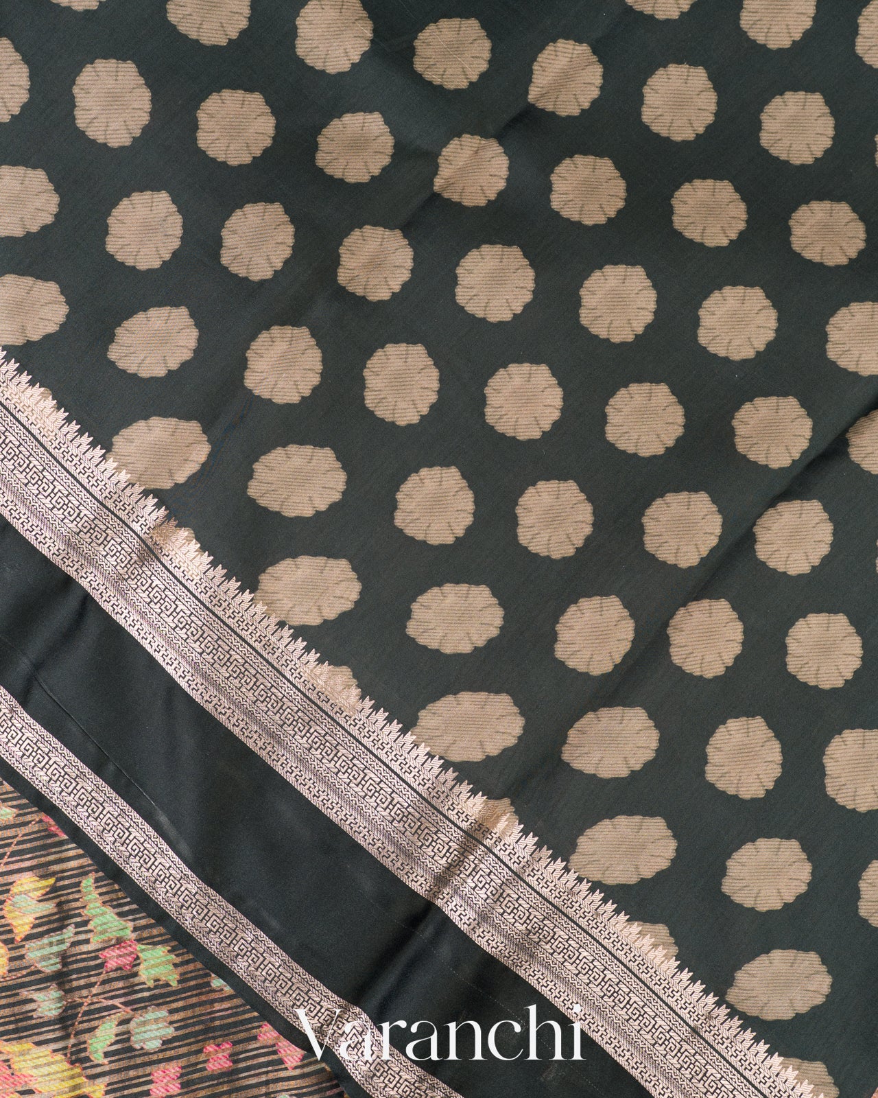 Charcoal Black Digital Printed Tissue Striped Pure Katan Silk Saree