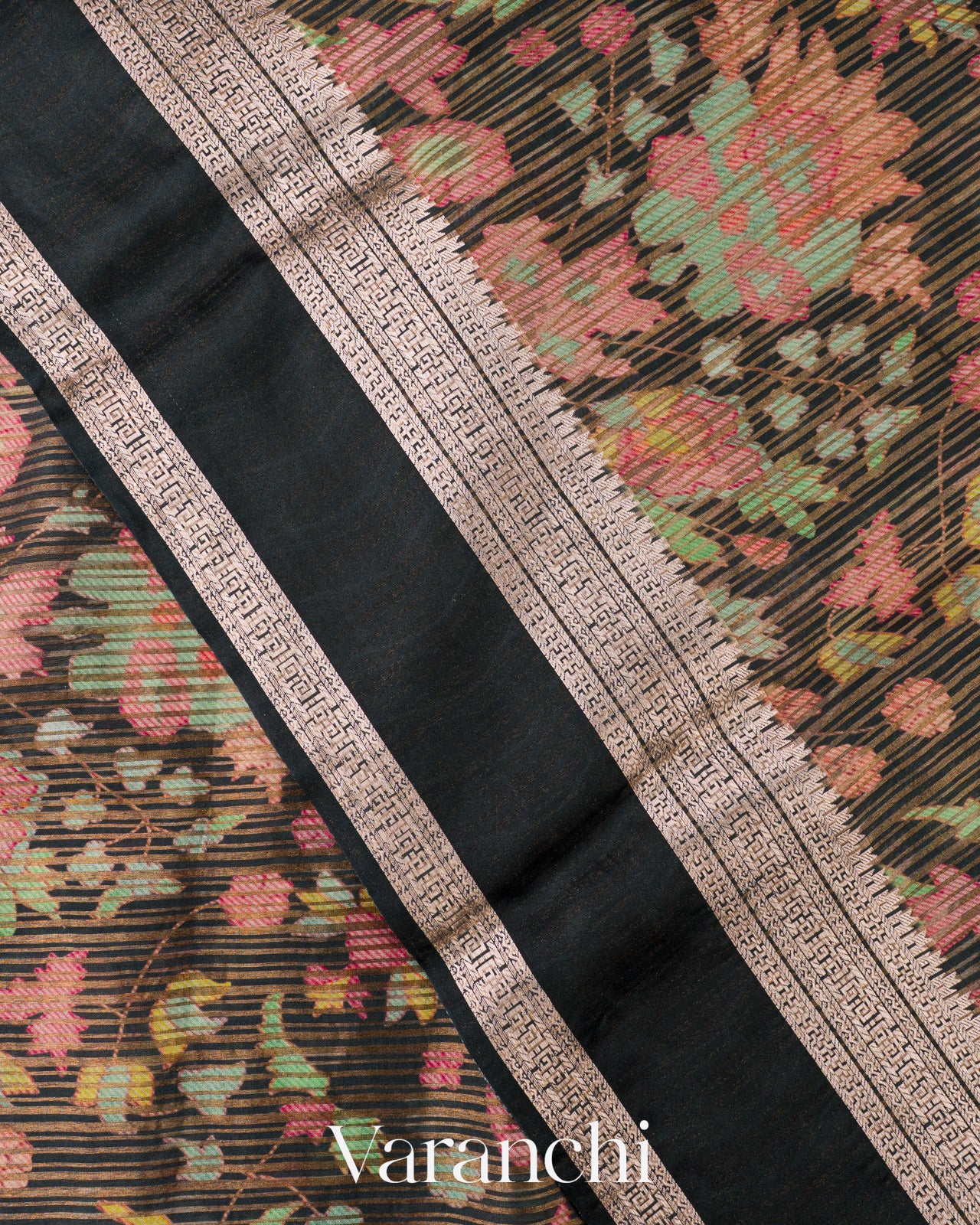 Charcoal Black Digital Printed Tissue Striped Pure Katan Silk Saree