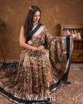 Charcoal Black Digital Printed Tissue Striped Pure Katan Silk Saree
