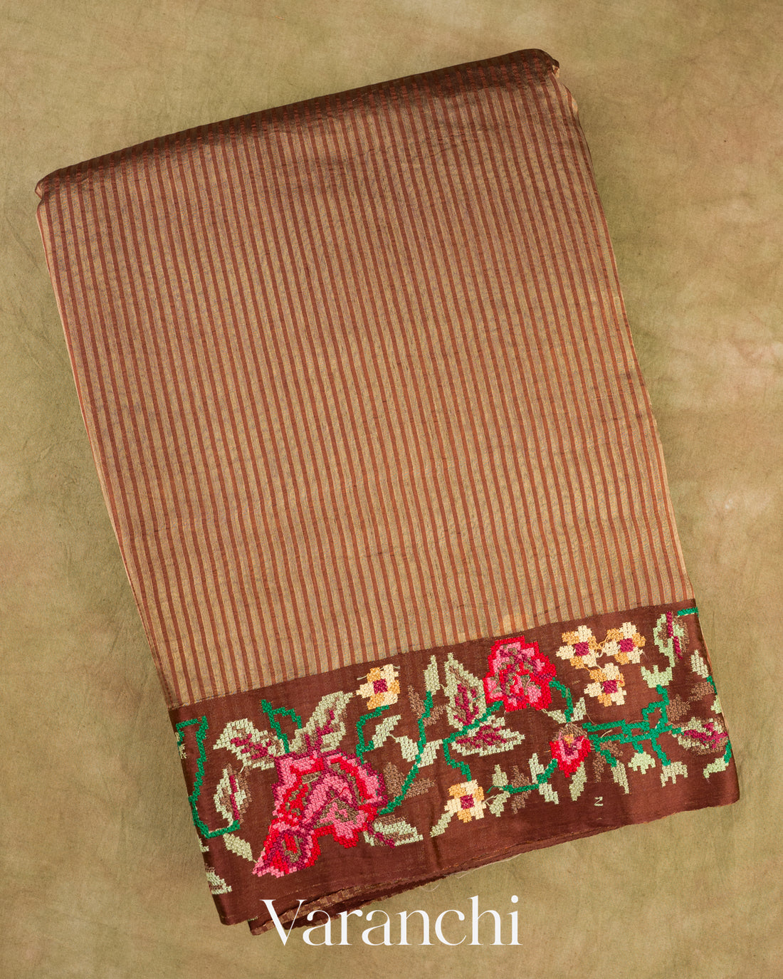 Chocolate Brown Petit-Point Embroidered Tissue Striped Pure Katan Silk Saree