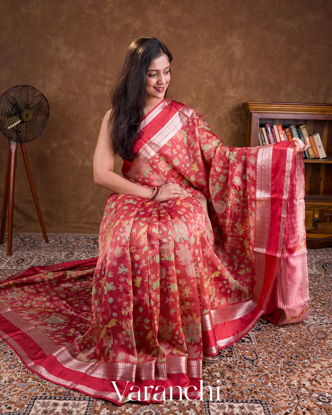 Cherry Red Digital Printed Tissue Striped Pure Katan Silk Saree