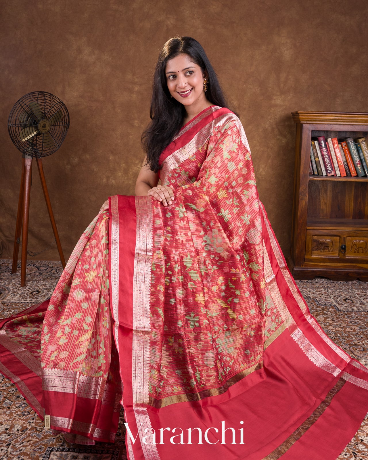 Cherry Red Digital Printed Tissue Striped Pure Katan Silk Saree