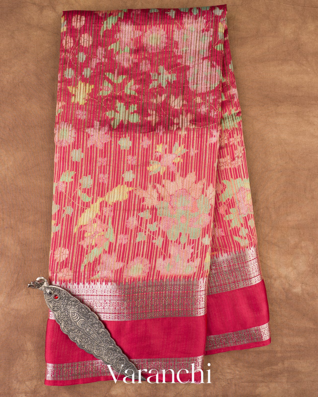 Cherry Red Digital Printed Tissue Striped Pure Katan Silk Saree