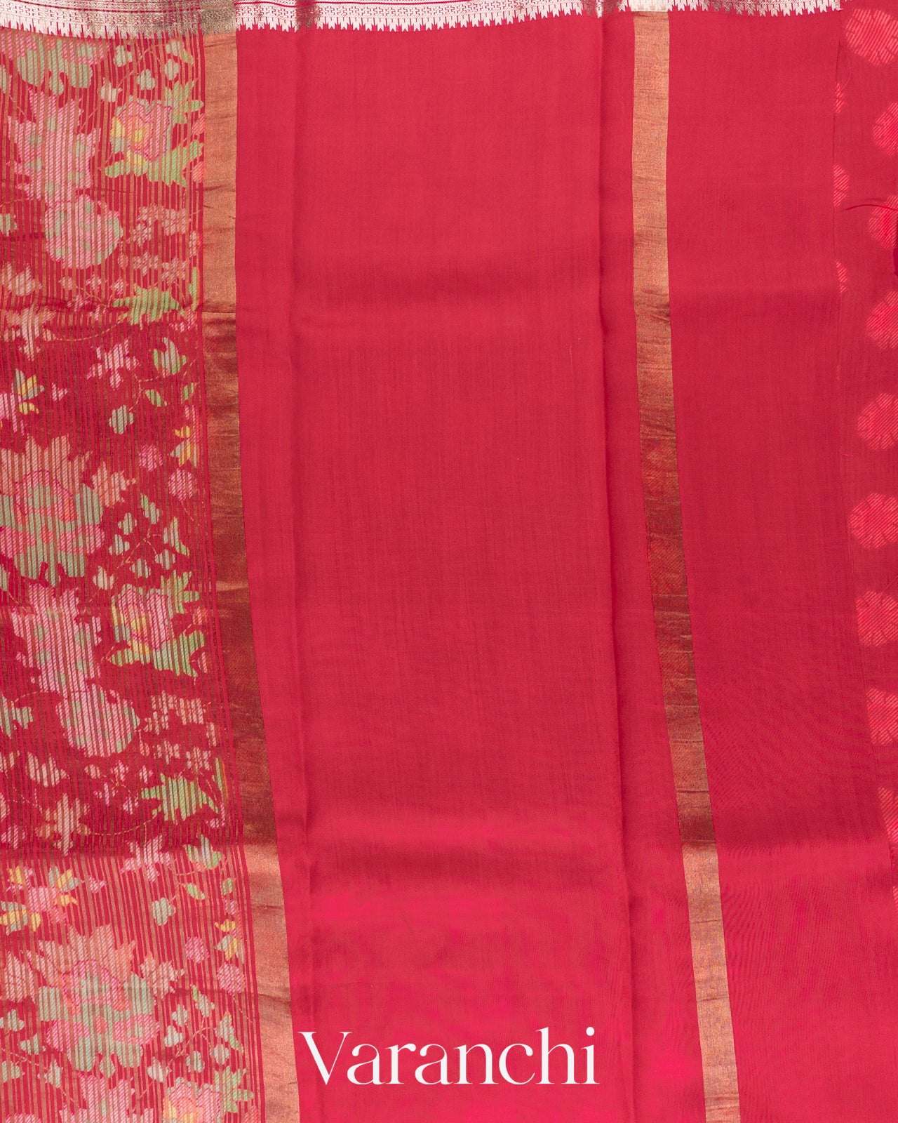 Cherry Red Digital Printed Tissue Striped Pure Katan Silk Saree