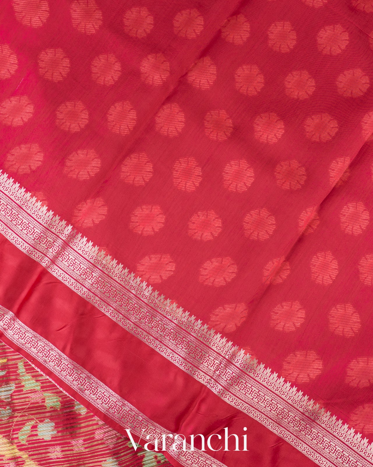 Cherry Red Digital Printed Tissue Striped Pure Katan Silk Saree