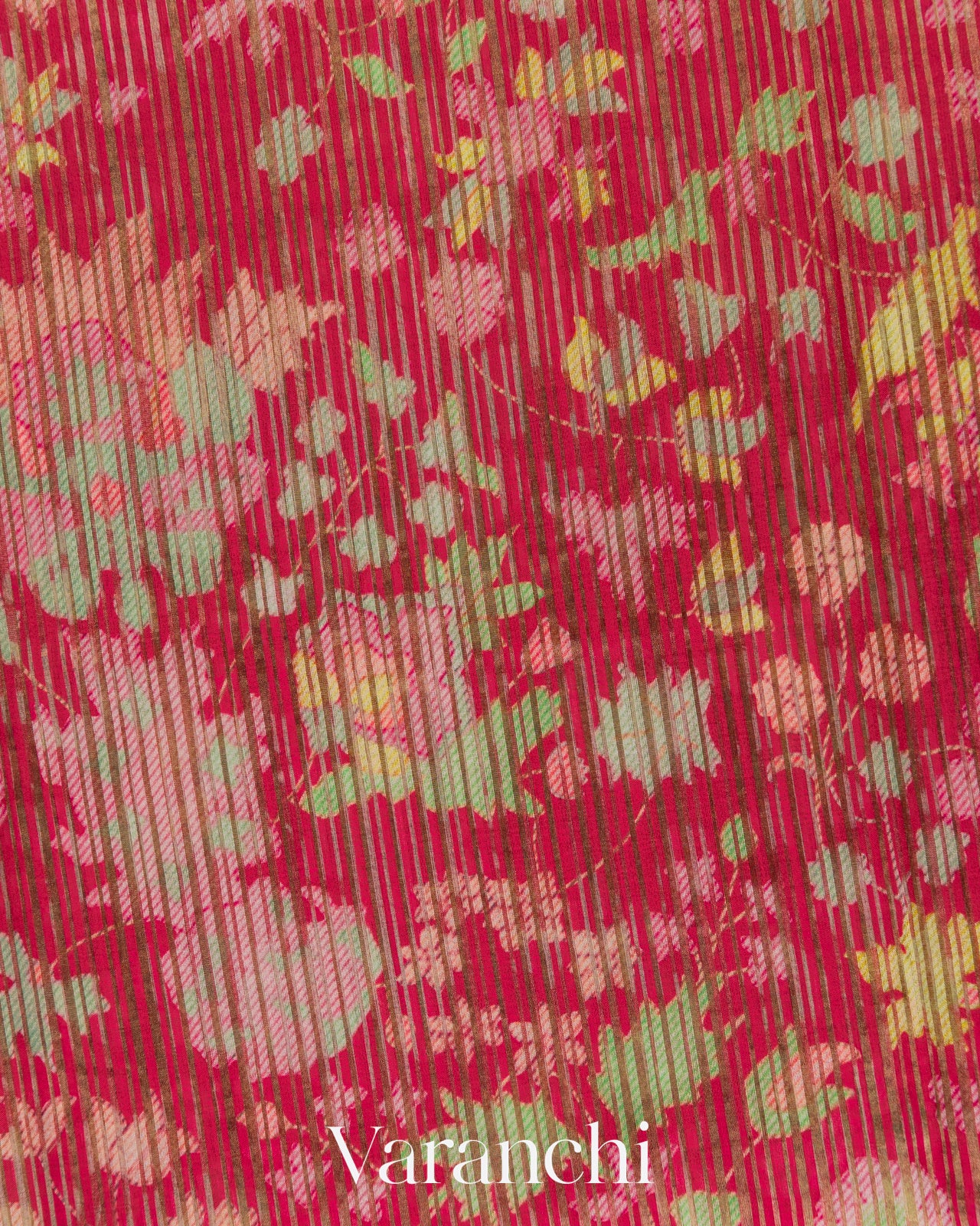 Cherry Red Digital Printed Tissue Striped Pure Katan Silk Saree