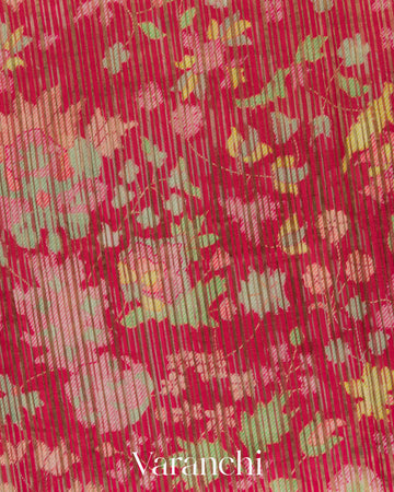 Cherry Red Digital Printed Tissue Striped Pure Katan Silk Saree