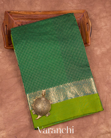 Bottle Green Checks Pure Katan Silk Saree