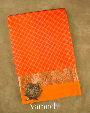 Bright Orange Checks Pure Katan Silk Saree