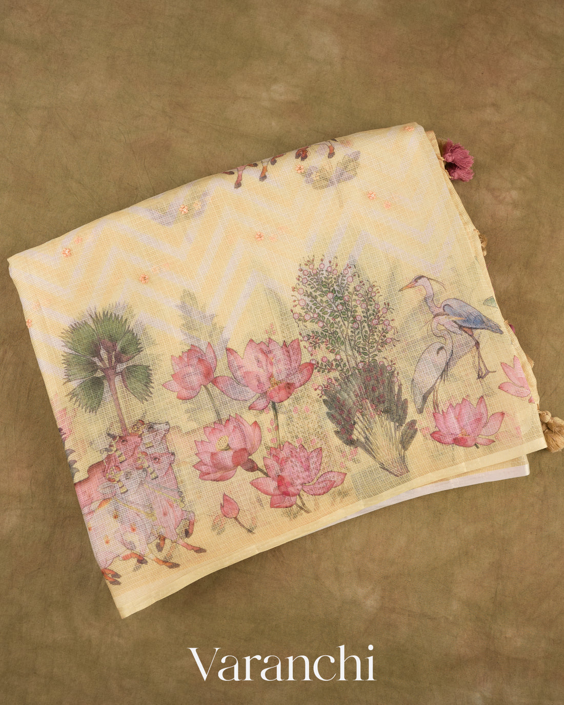 Lemon Yellow Digital Printed Pure Kota Katan Silk Saree