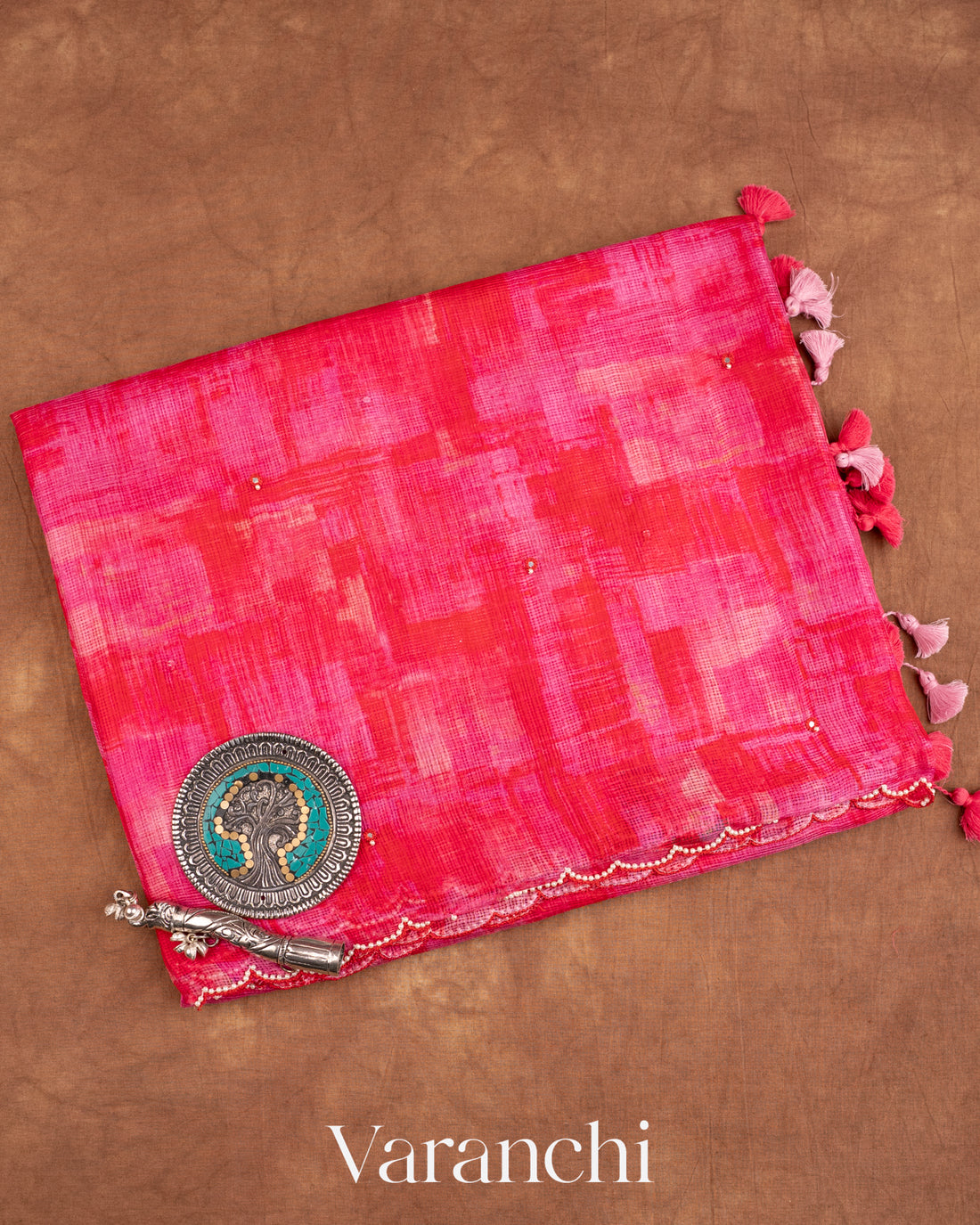 Soft Pink Scallop Embroidered Border Pure Kota Katan Silk Saree