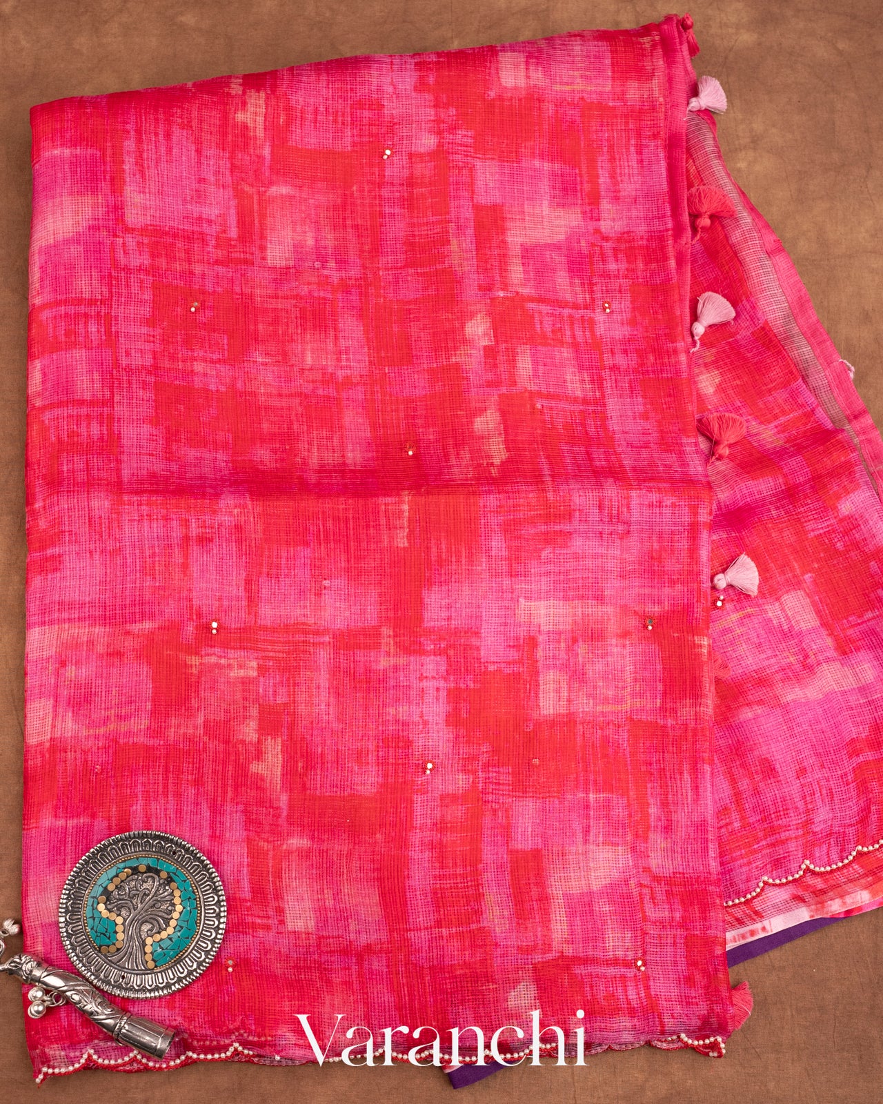 Soft Pink Scallop Embroidered Border Pure Kota Katan Silk Saree