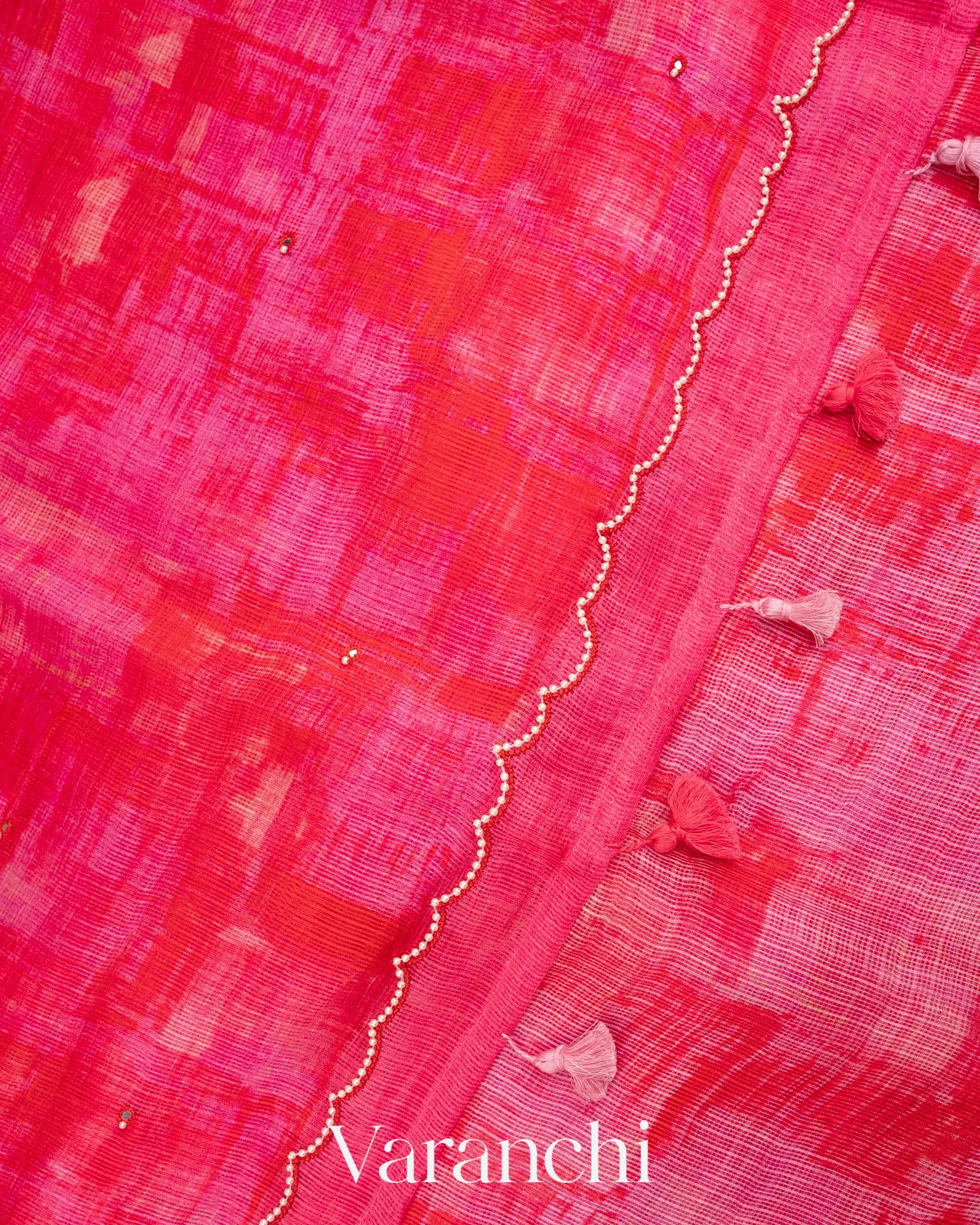 Soft Pink Scallop Embroidered Border Pure Kota Katan Silk Saree