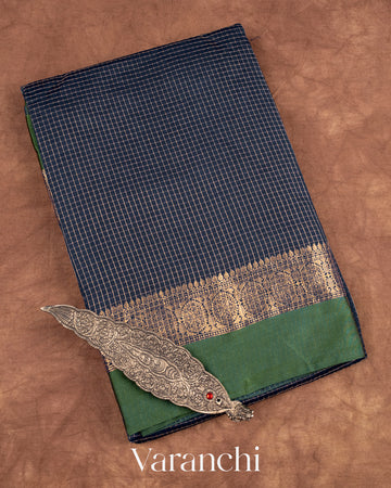 Prussian Blue Checks Pure Katan Silk Saree