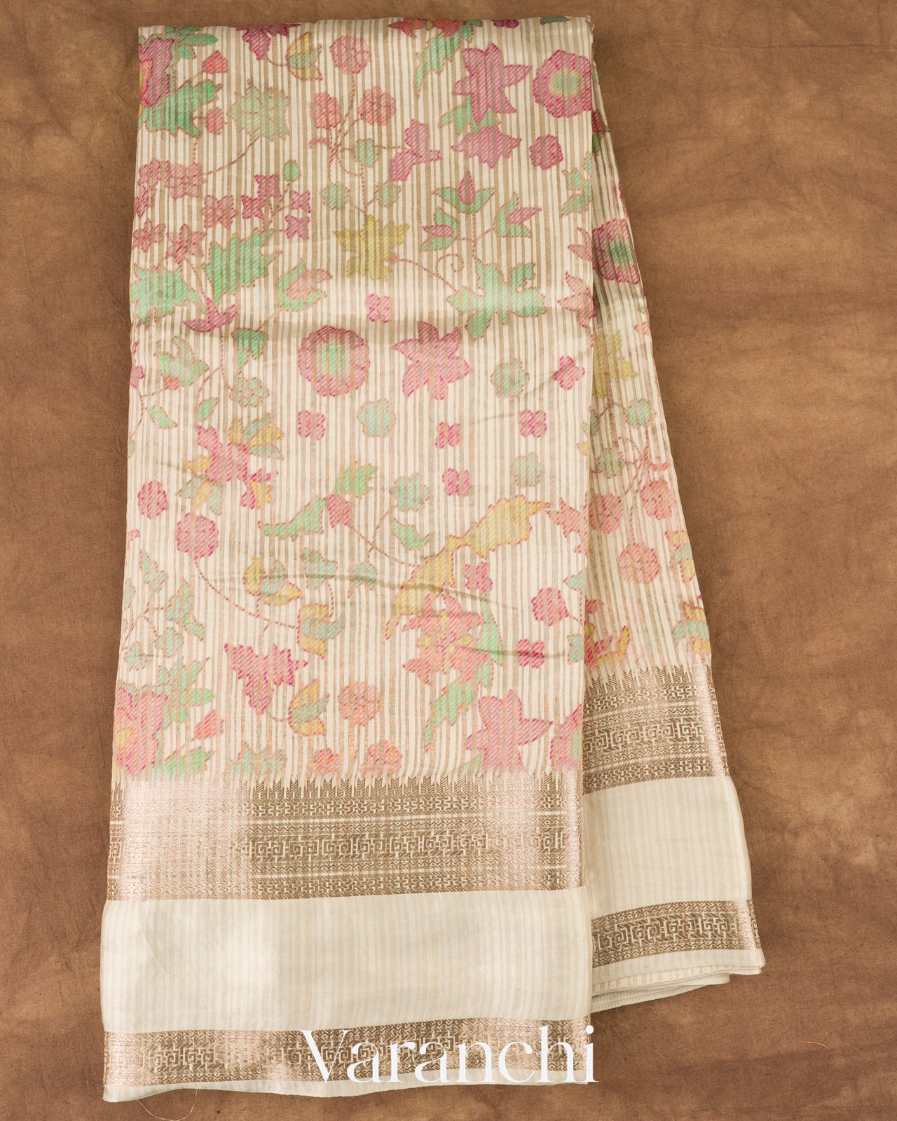 Off White Digital Printed Tissue Striped Pure Katan Silk Saree