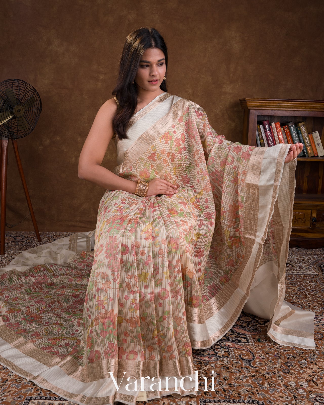 Off White Digital Printed Tissue Striped Pure Katan Silk Saree
