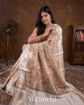 Off White Digital Printed Tissue Striped Pure Katan Silk Saree