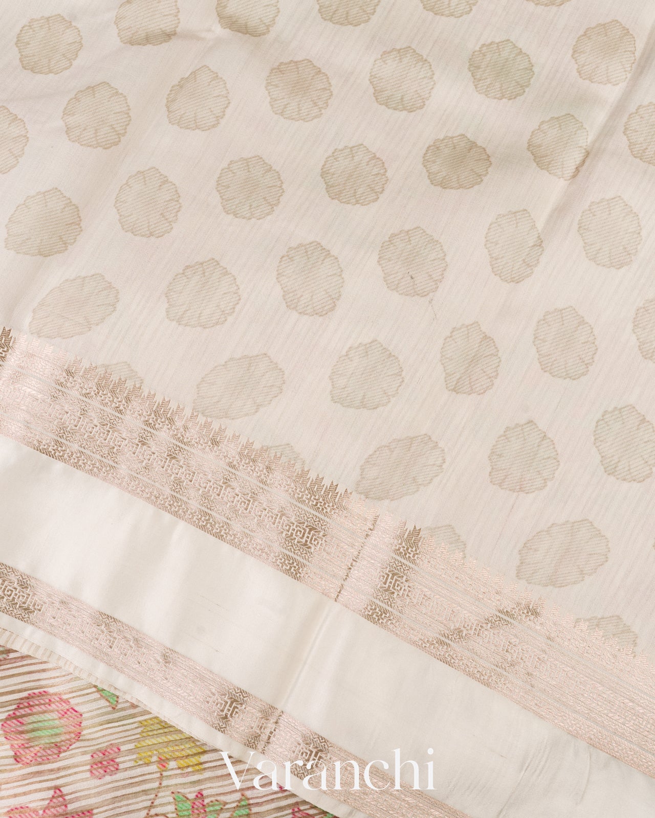 Off White Digital Printed Tissue Striped Pure Katan Silk Saree