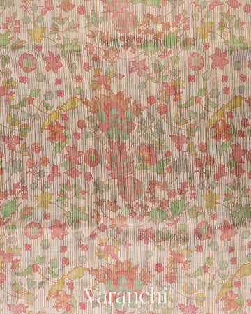 Off White Digital Printed Tissue Striped Pure Katan Silk Saree