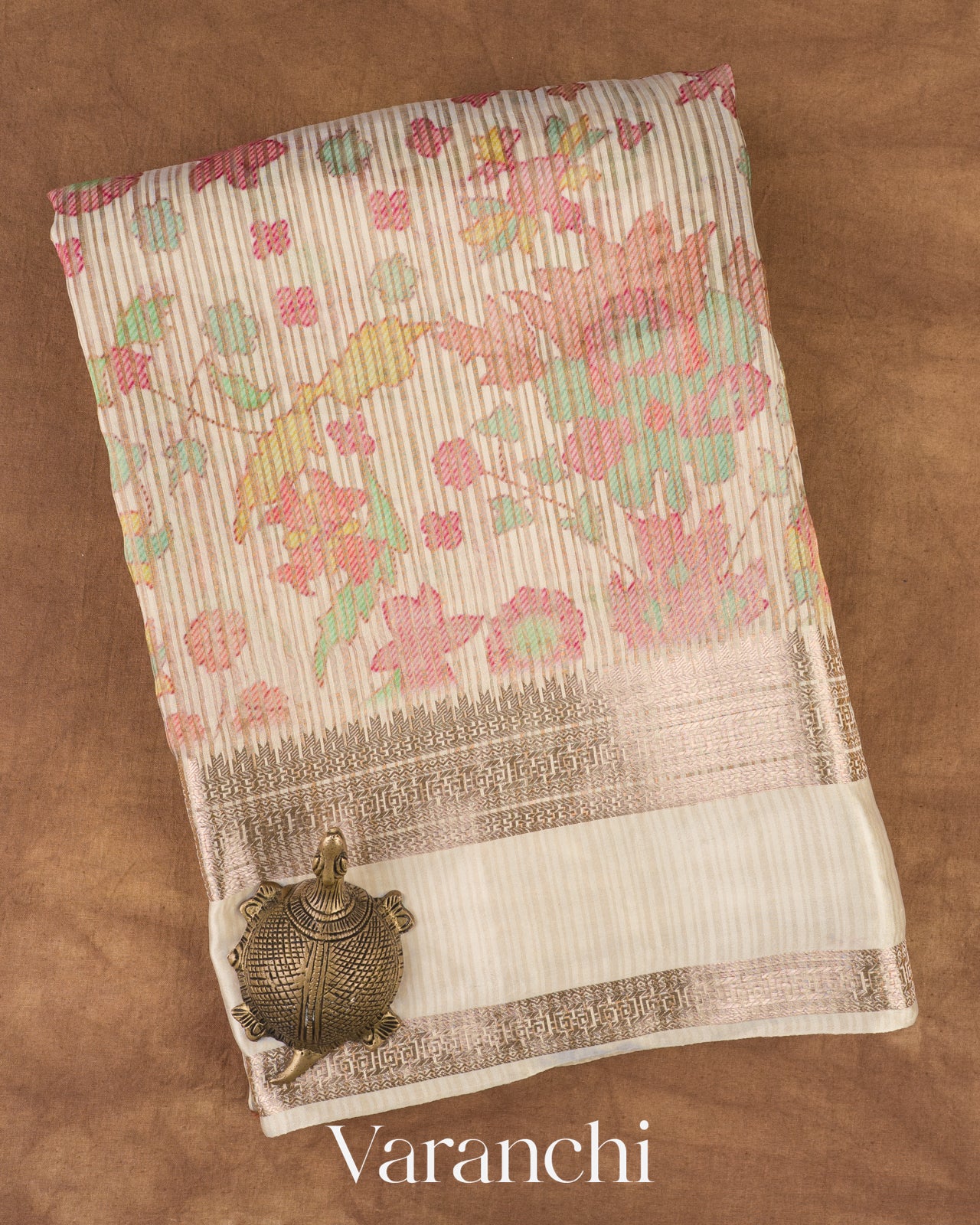 Off White Digital Printed Tissue Striped Pure Katan Silk Saree