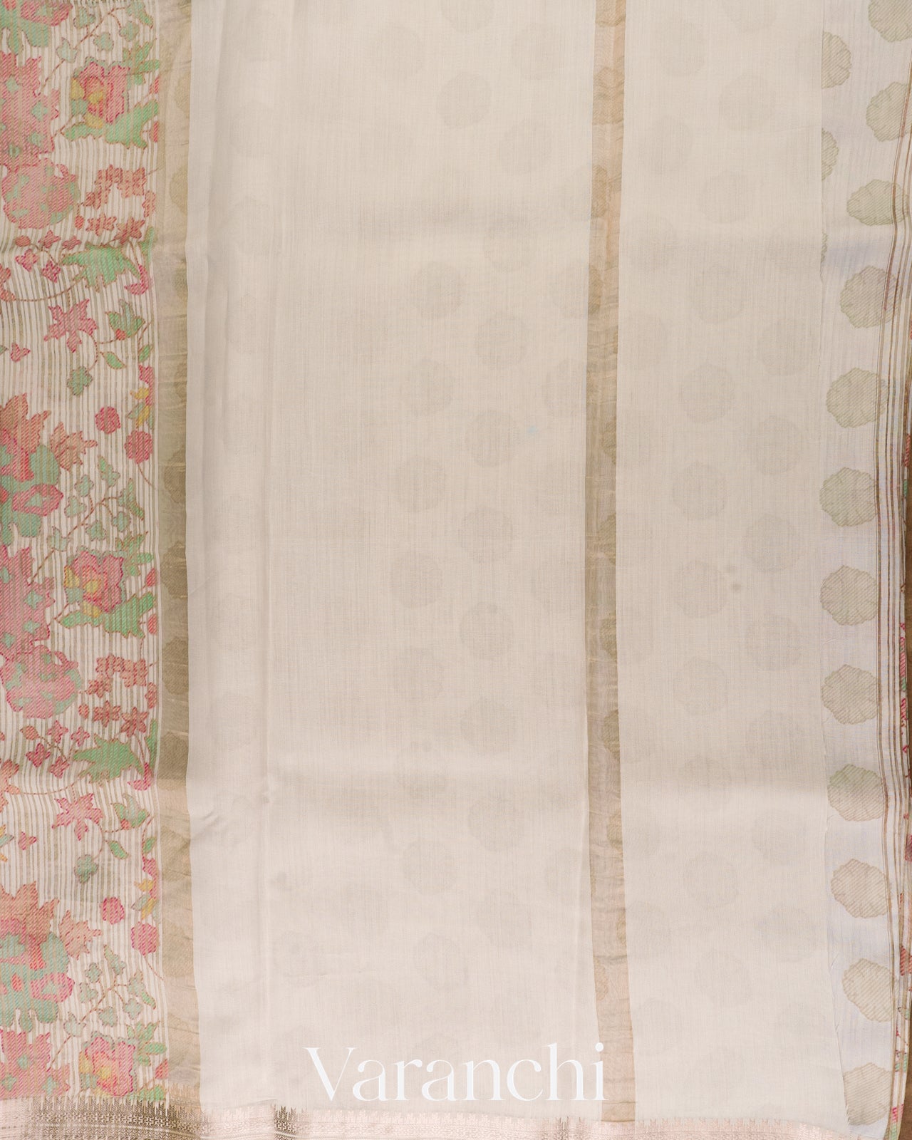 Off White Digital Printed Tissue Striped Pure Katan Silk Saree