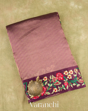 Wine Purple Petit-Point Embroidered Tissue Striped Pure Katan Silk Saree