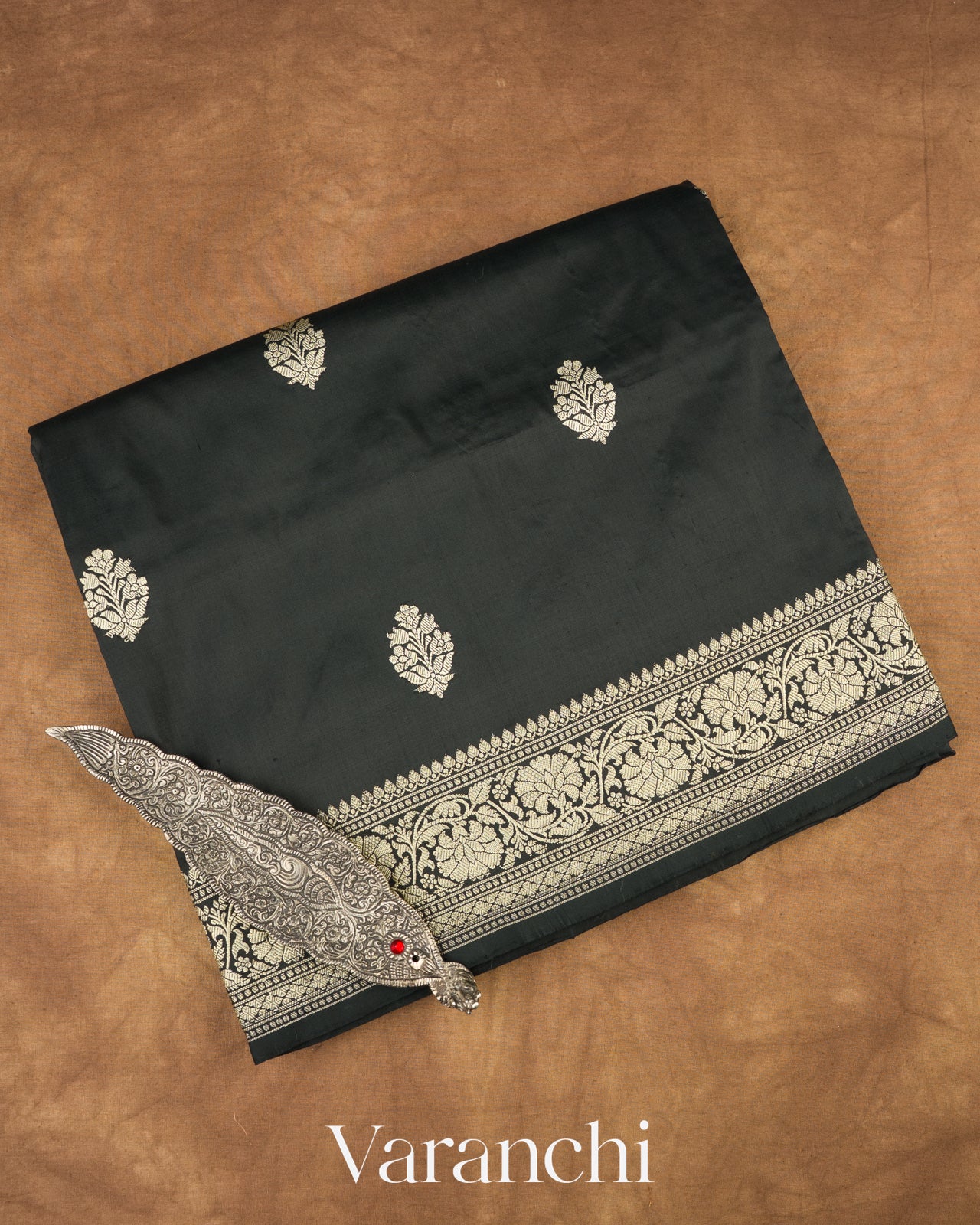 Jet Black Pure Katan Silk with Resham Weaving Handloom Saree