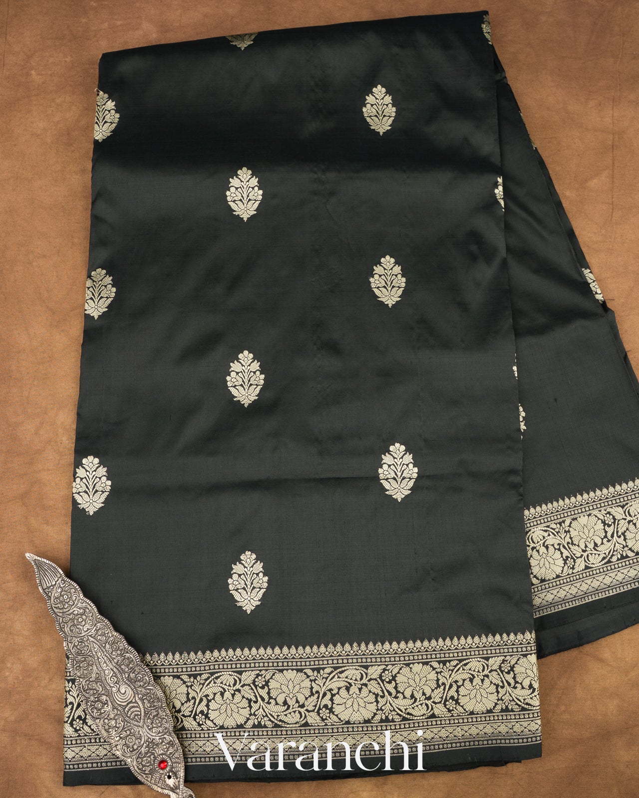 Jet Black Pure Katan Silk with Resham Weaving Handloom Saree