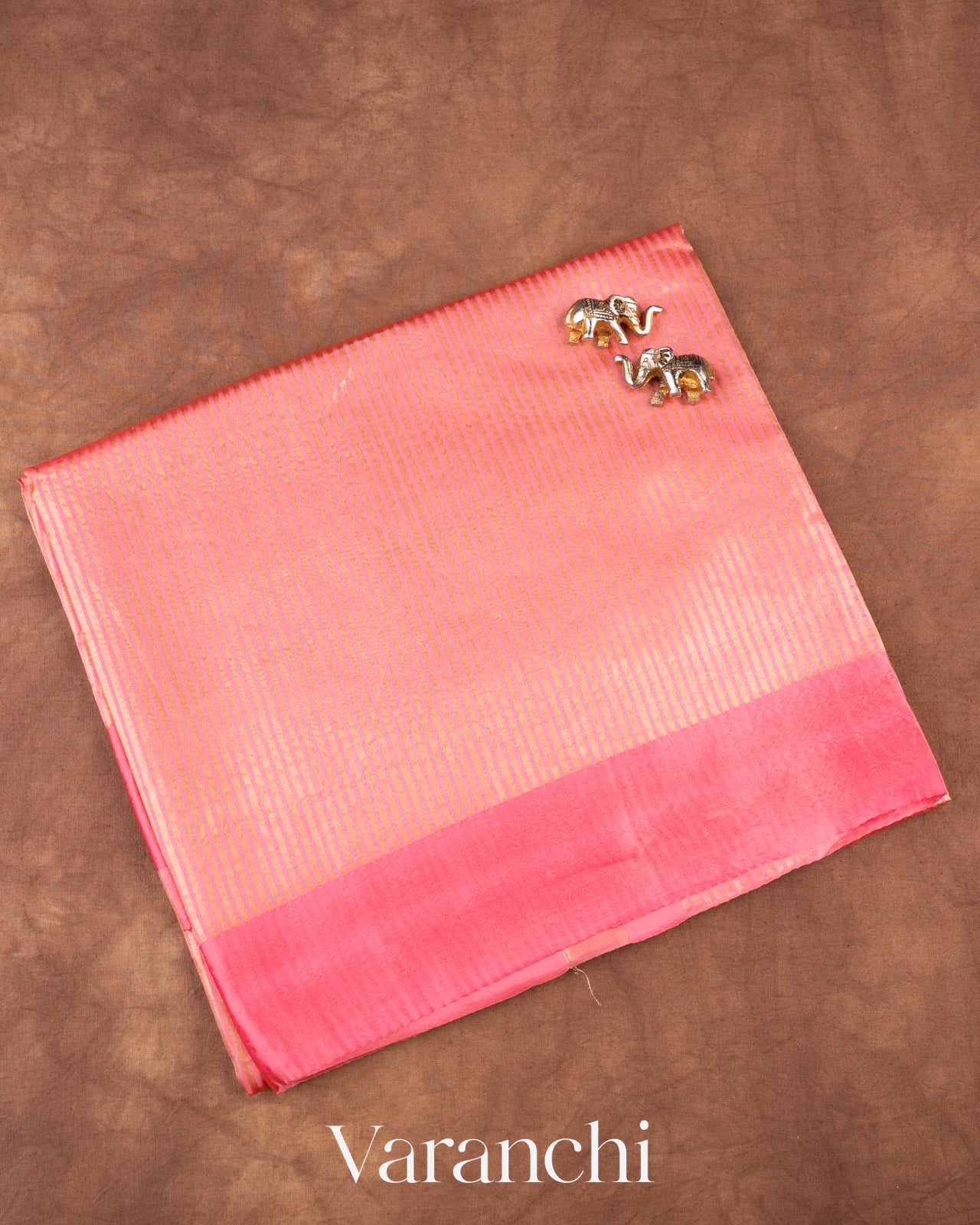 Coral Pink Tissue Striped Pure Katan Silk Saree