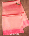 Coral Pink Tissue Striped Pure Katan Silk Saree