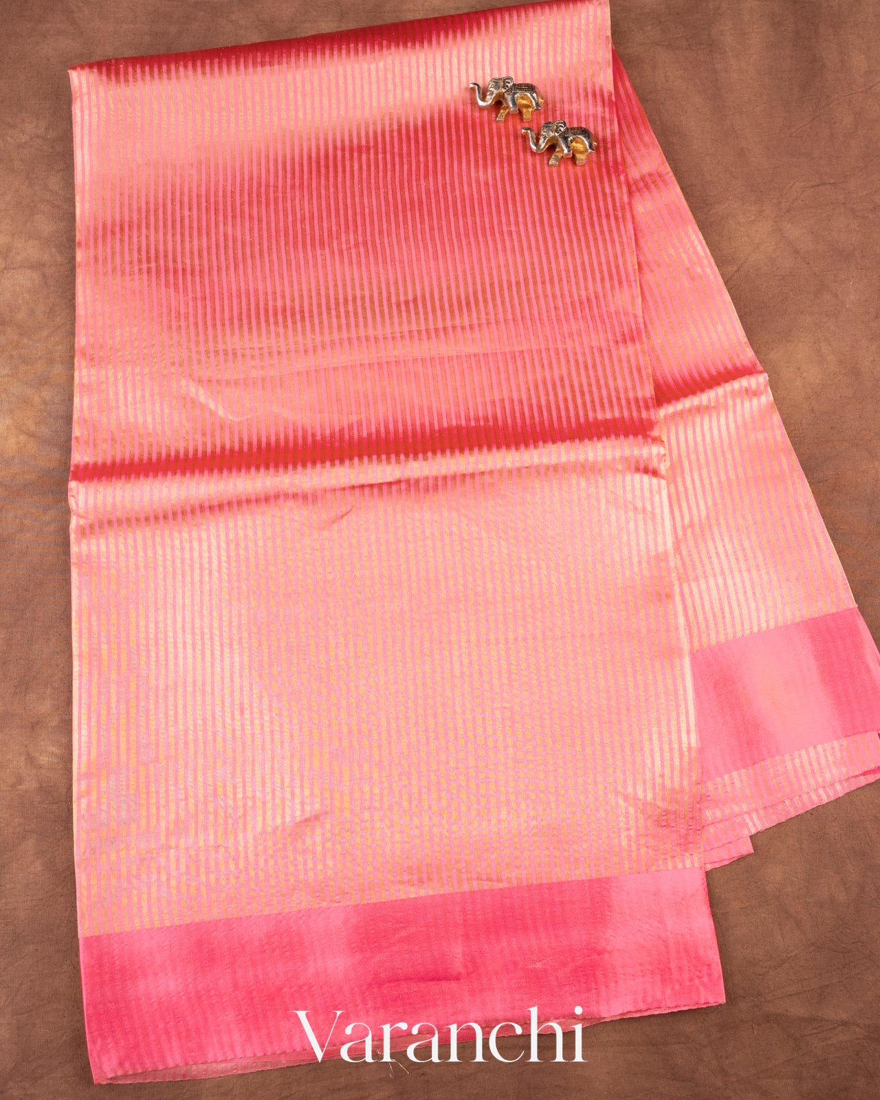 Coral Pink Tissue Striped Pure Katan Silk Saree