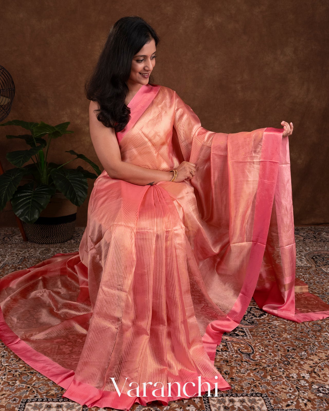 Coral Pink Tissue Striped Pure Katan Silk Saree