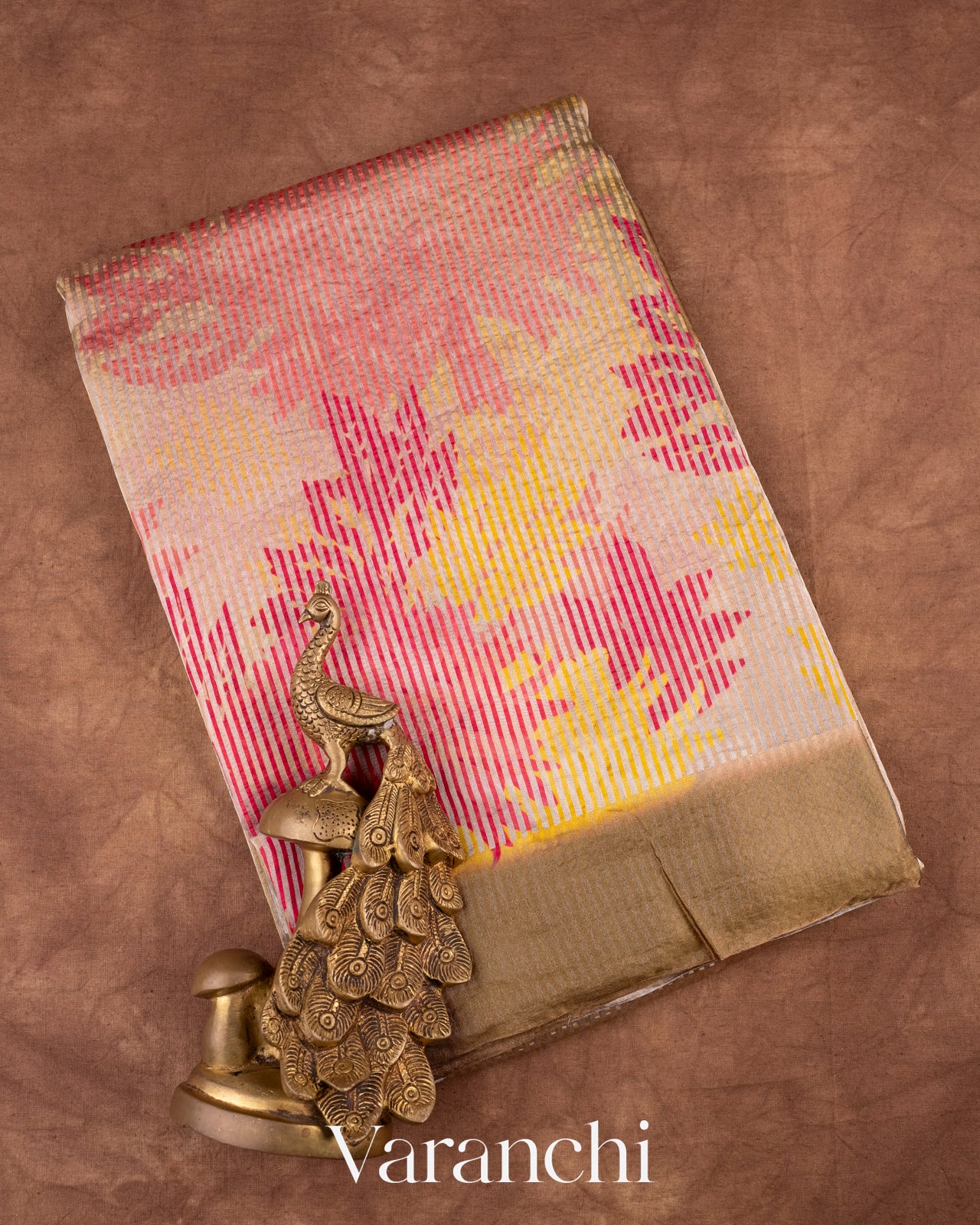 Light Brown Digital Printed Tissue Striped Pure Katan Silk Saree