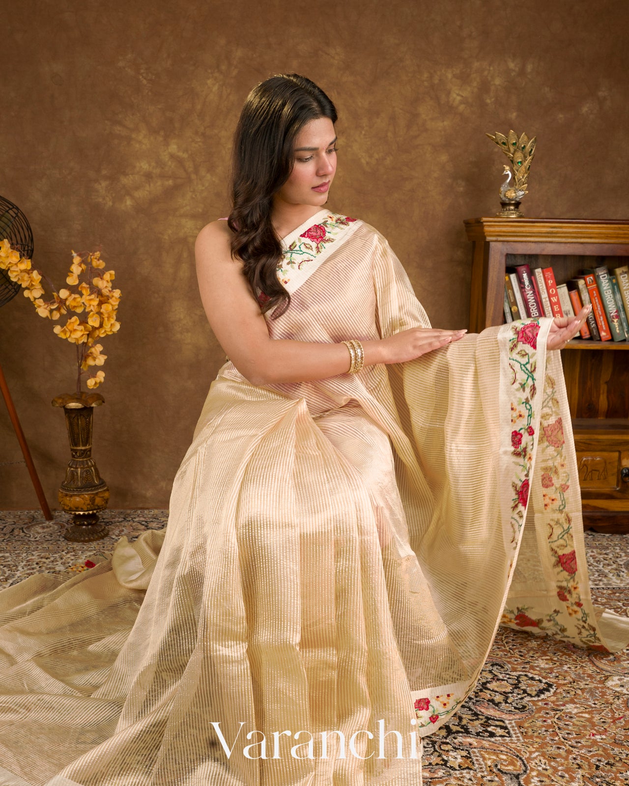 Soft Ivory Cross-Stitch Tissue Striped Pure Katan Silk Saree