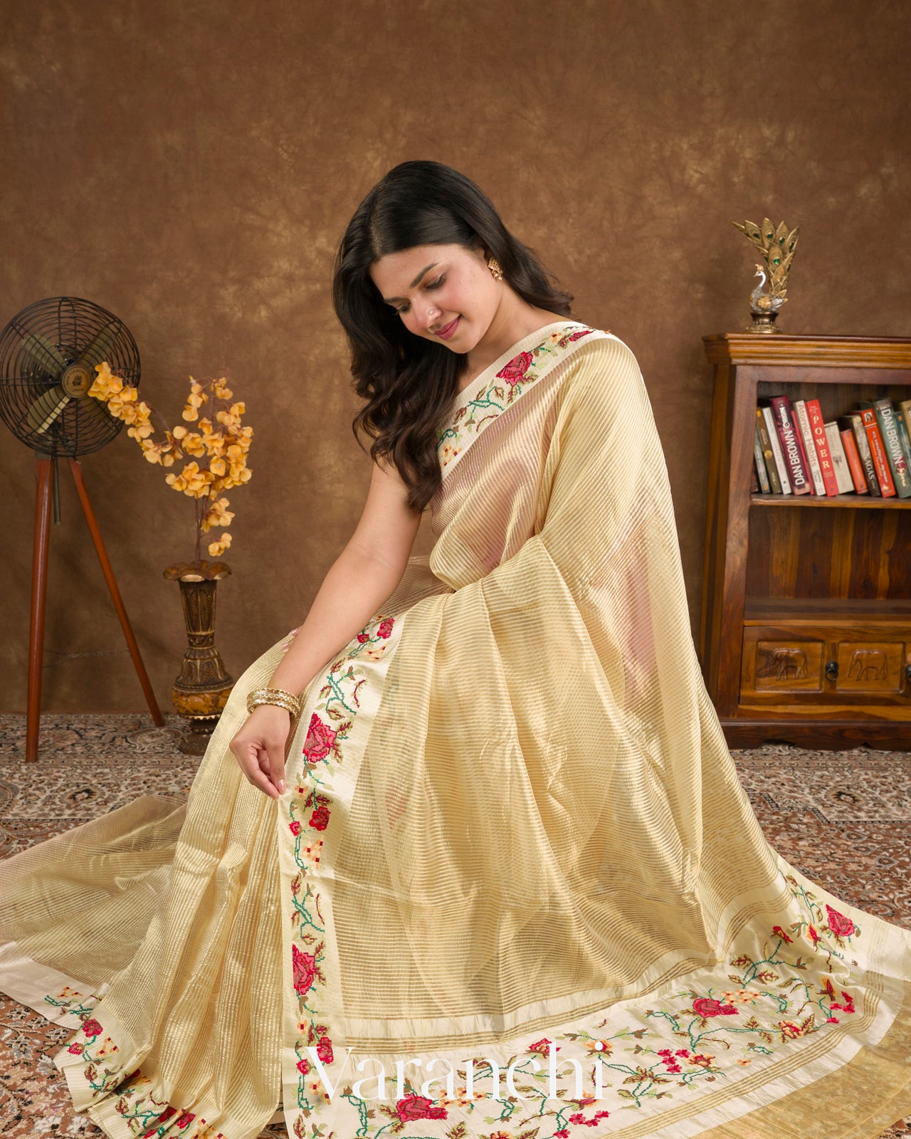 Soft Ivory Cross-Stitch Tissue Striped Pure Katan Silk Saree