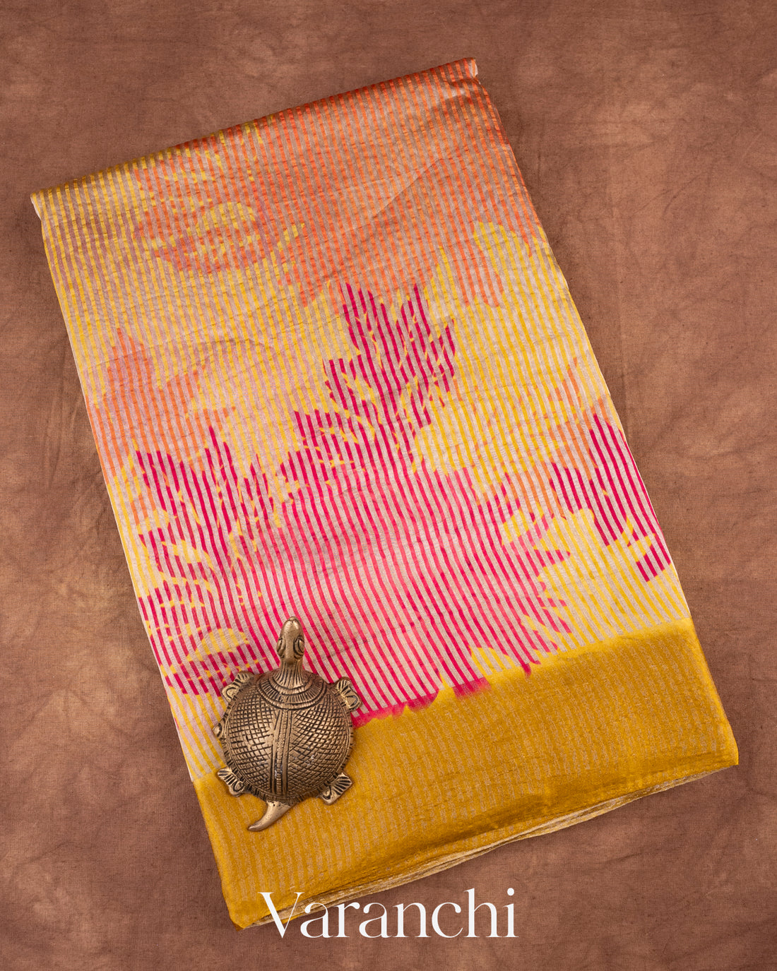 Mustard Digital Printed Tissue Striped Pure Katan Silk Saree