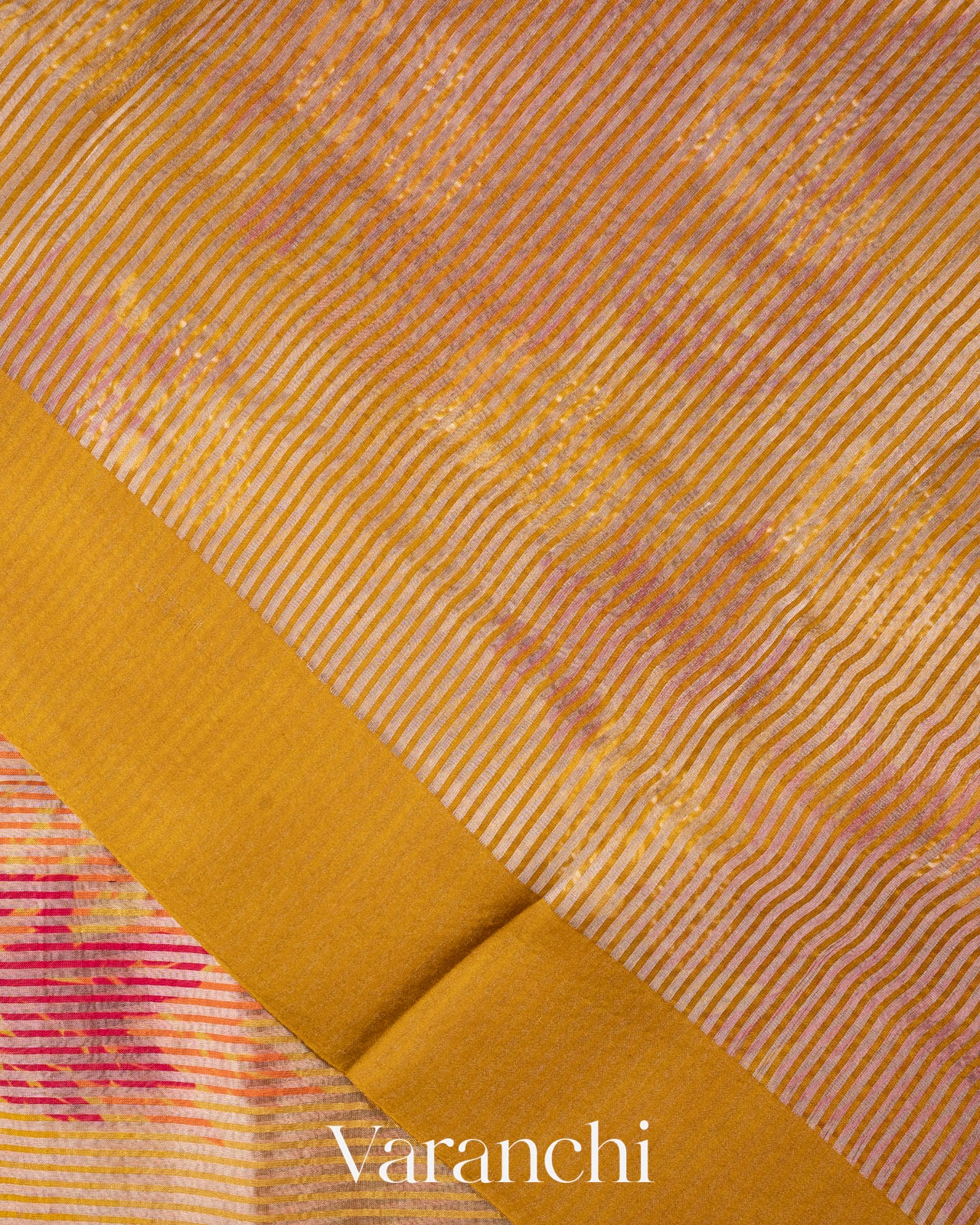 Mustard Digital Printed Tissue Striped Pure Katan Silk Saree