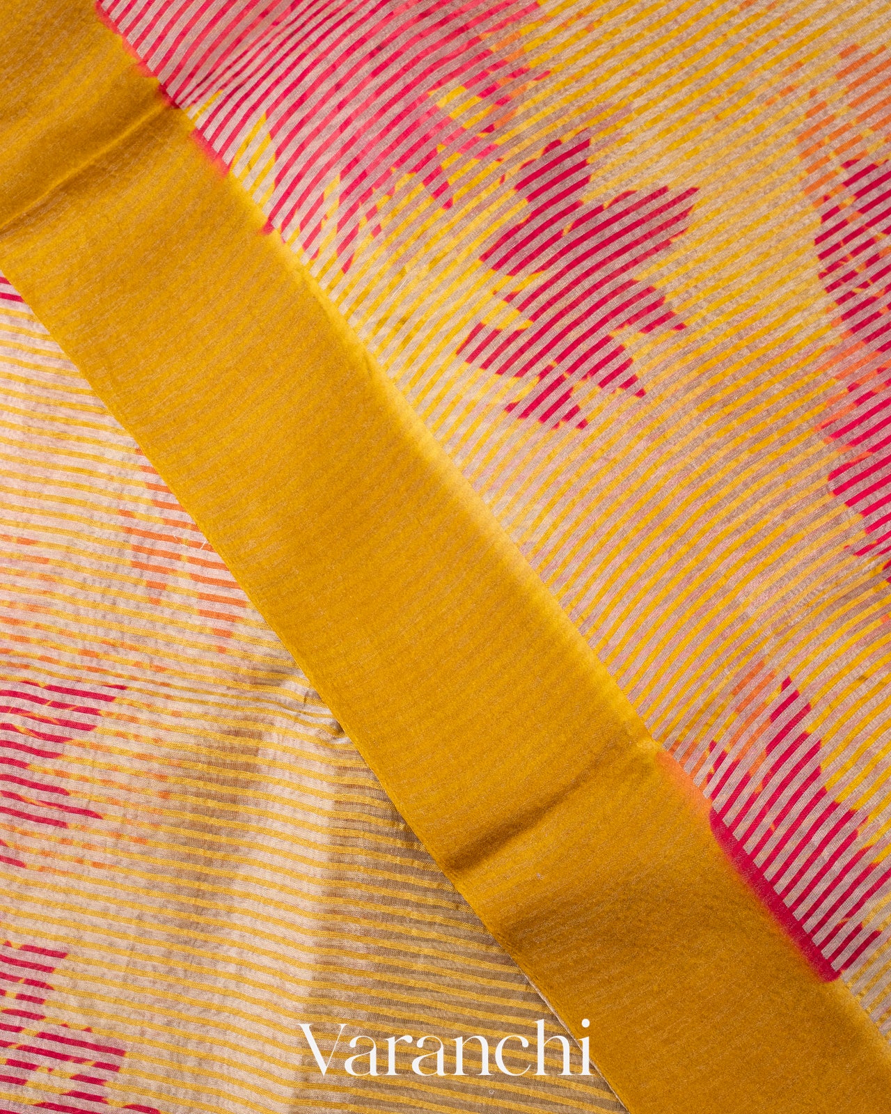 Mustard Digital Printed Tissue Striped Pure Katan Silk Saree