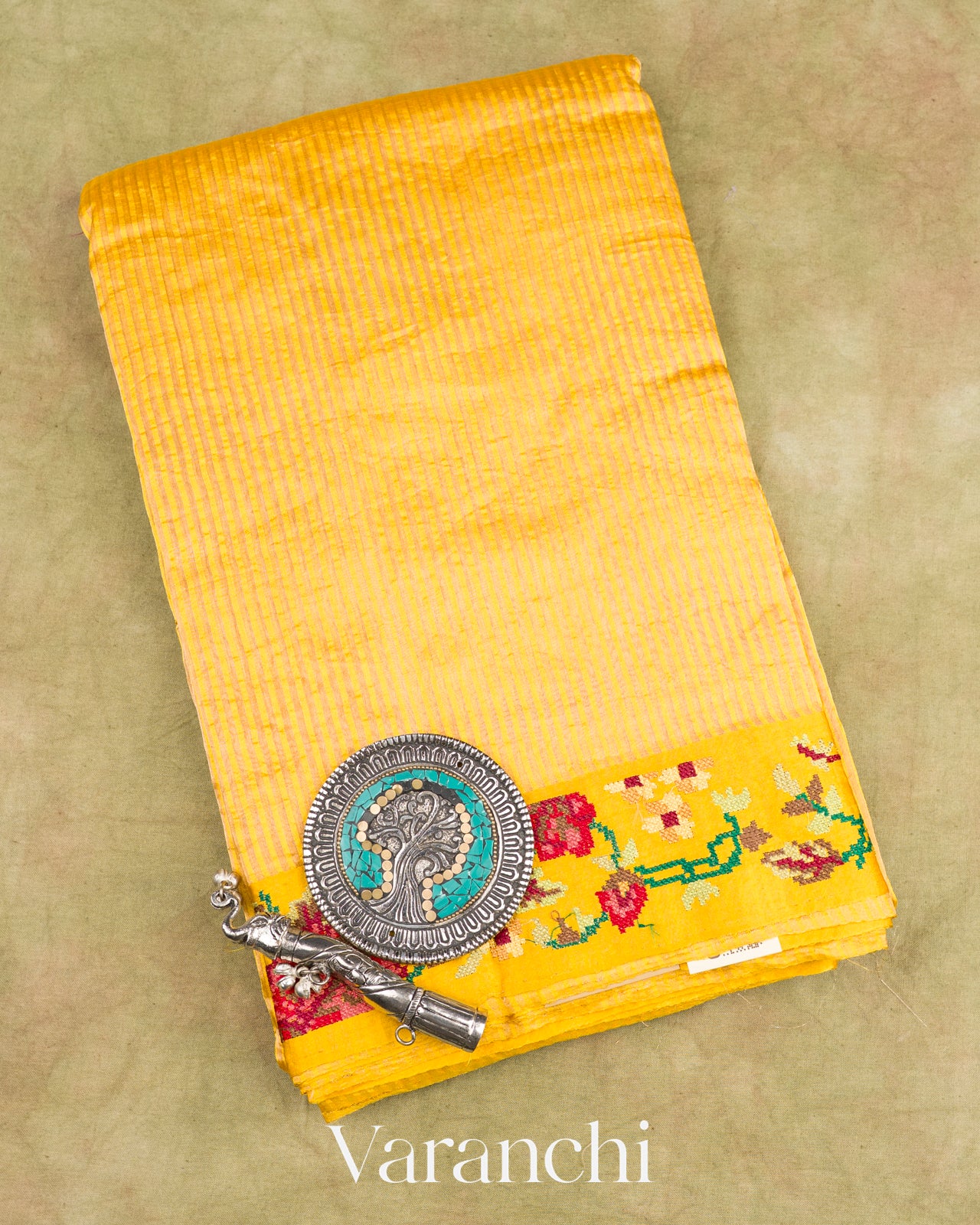 Sunshine Yellow Cross-Stitch Tissue Striped Pure Katan Silk Saree