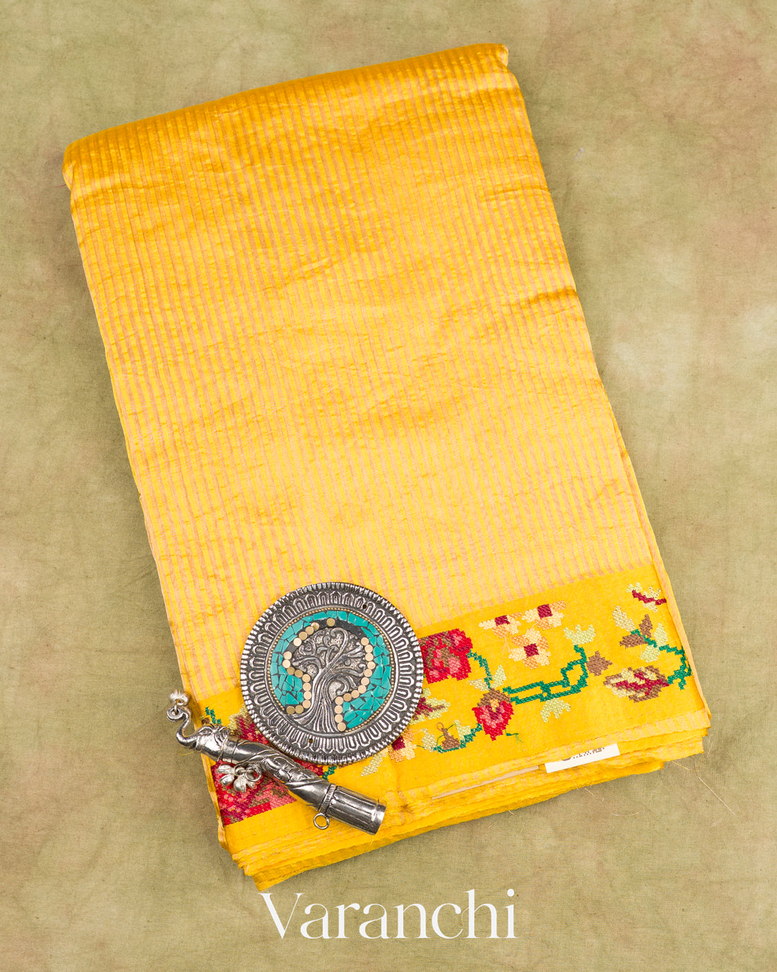 Sunshine Yellow Cross-Stitch Tissue Striped Pure Katan Silk Saree